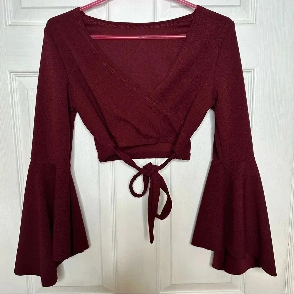 Shein EZwear Bell Sleeve Self-Tie Crop Top Burgundy  Size Medium